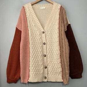 Hippie Fisherman Size Large Colorblock Cardigan Lagenlook Boho Artsy Cable Knit